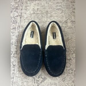 EUC Land’s End Kids Leather Moccasin Slippers - Navy Blue Suede - Size 4